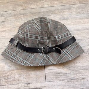GAP Y2K Plaid Bucket Hat Brown Blue Belted Newsboy Style Size Vintage